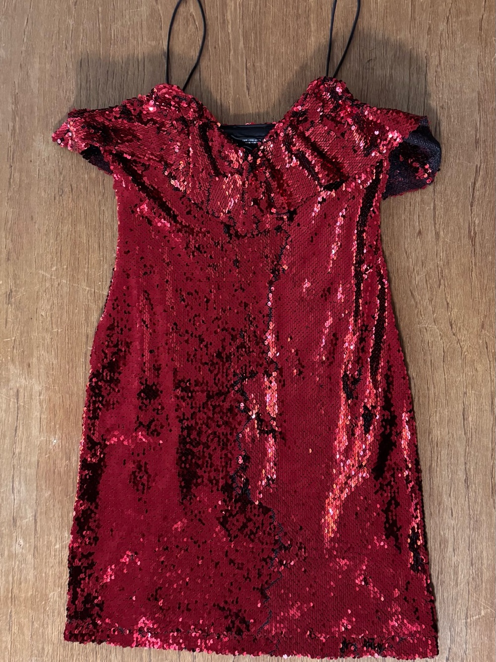 NWOT Zara Red Sequin Cold Shoulder Ruffle Mini Dress Small